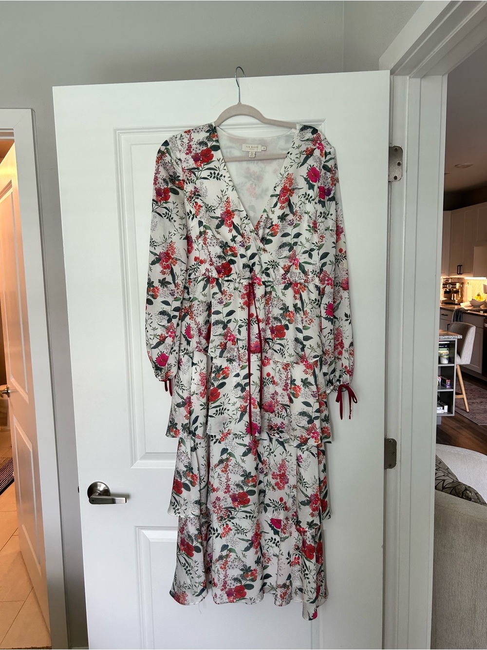 Ted Baker London White Maxi Dress with Red & Green Floral Pattern